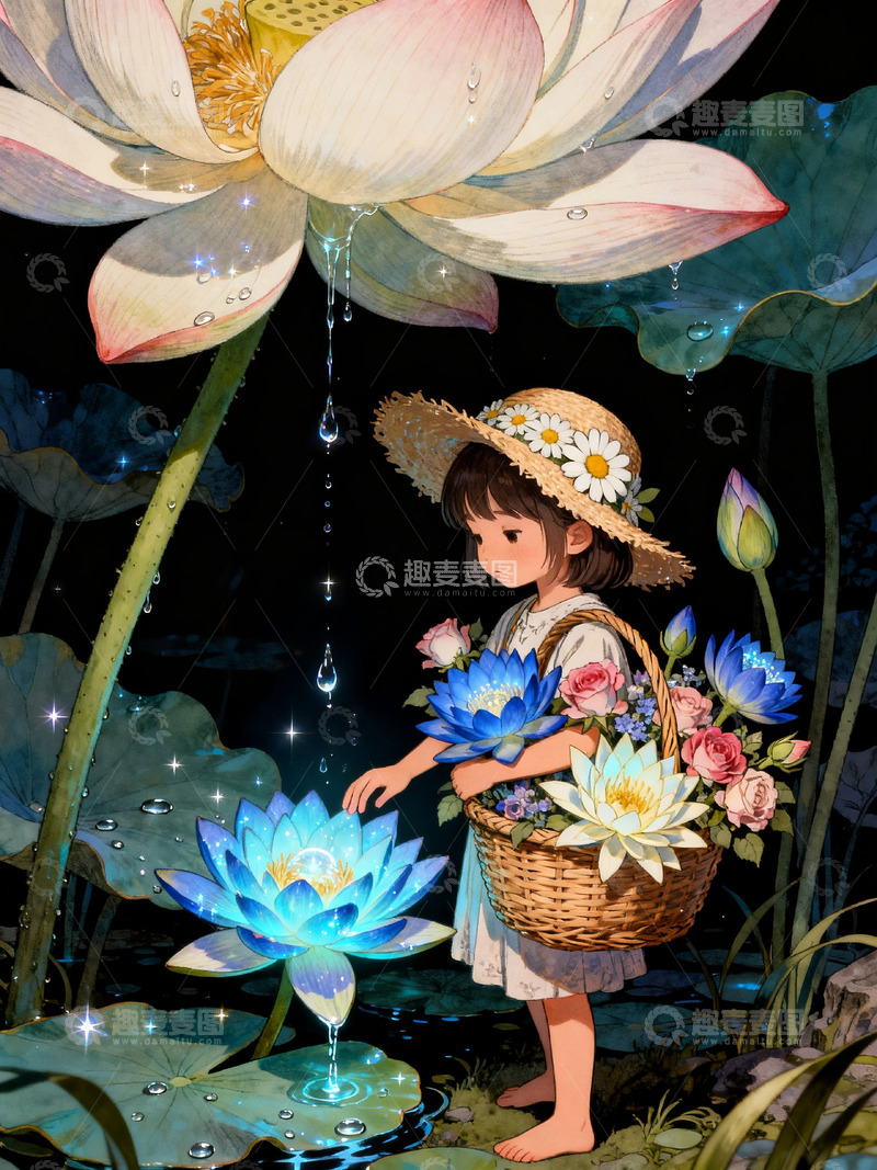 高清大图下载【趣麦麦图】可爱女孩儿花朵插画