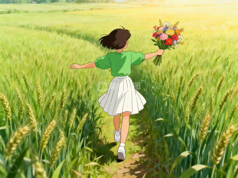 高清大图下载【趣麦麦图】麦田女孩儿插画2