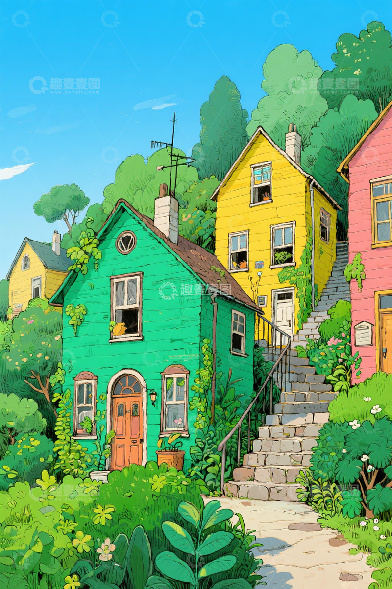 高清大图下载【趣麦麦图】蓝绿色房子钢笔画2