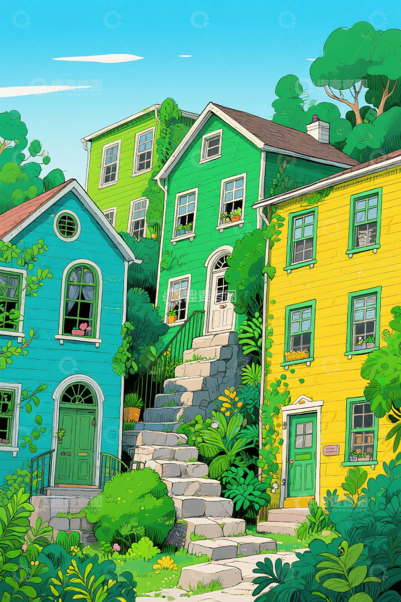 高清大图下载【趣麦麦图】蓝绿色房子钢笔画6