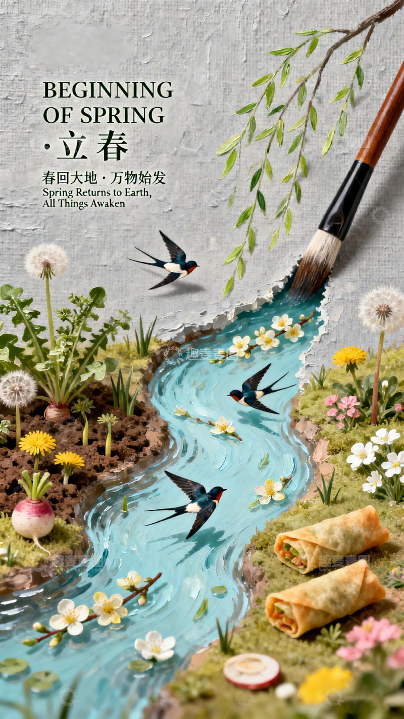 高清大图下载【趣麦麦图】立春山水花鸟画卷轴