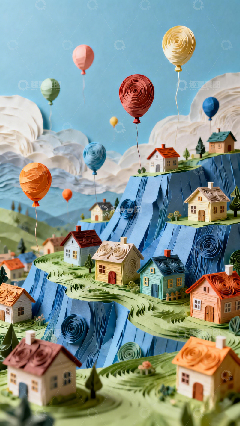 高清大图下载【趣麦麦图】纸艺梦幻山谷小镇风景