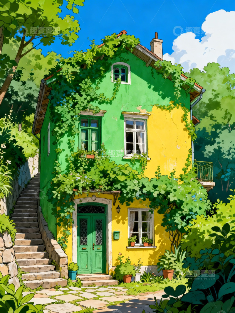 高清大图下载【趣麦麦图】蓝绿色房子钢笔画4