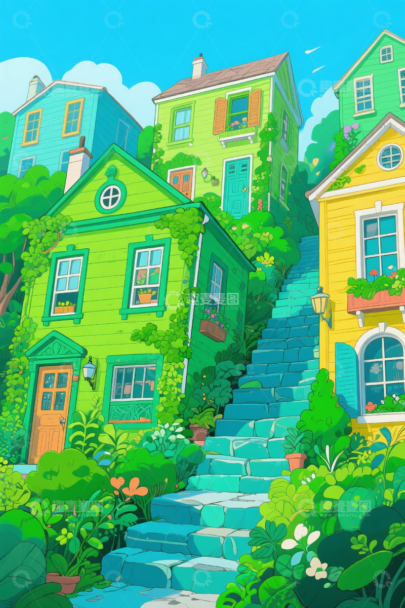 高清大图下载【趣麦麦图】蓝绿色房子钢笔画3