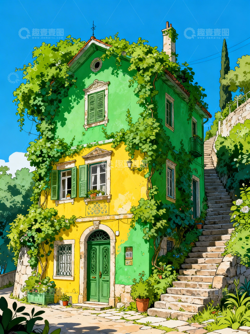 高清大图下载【趣麦麦图】蓝绿色房子钢笔画7