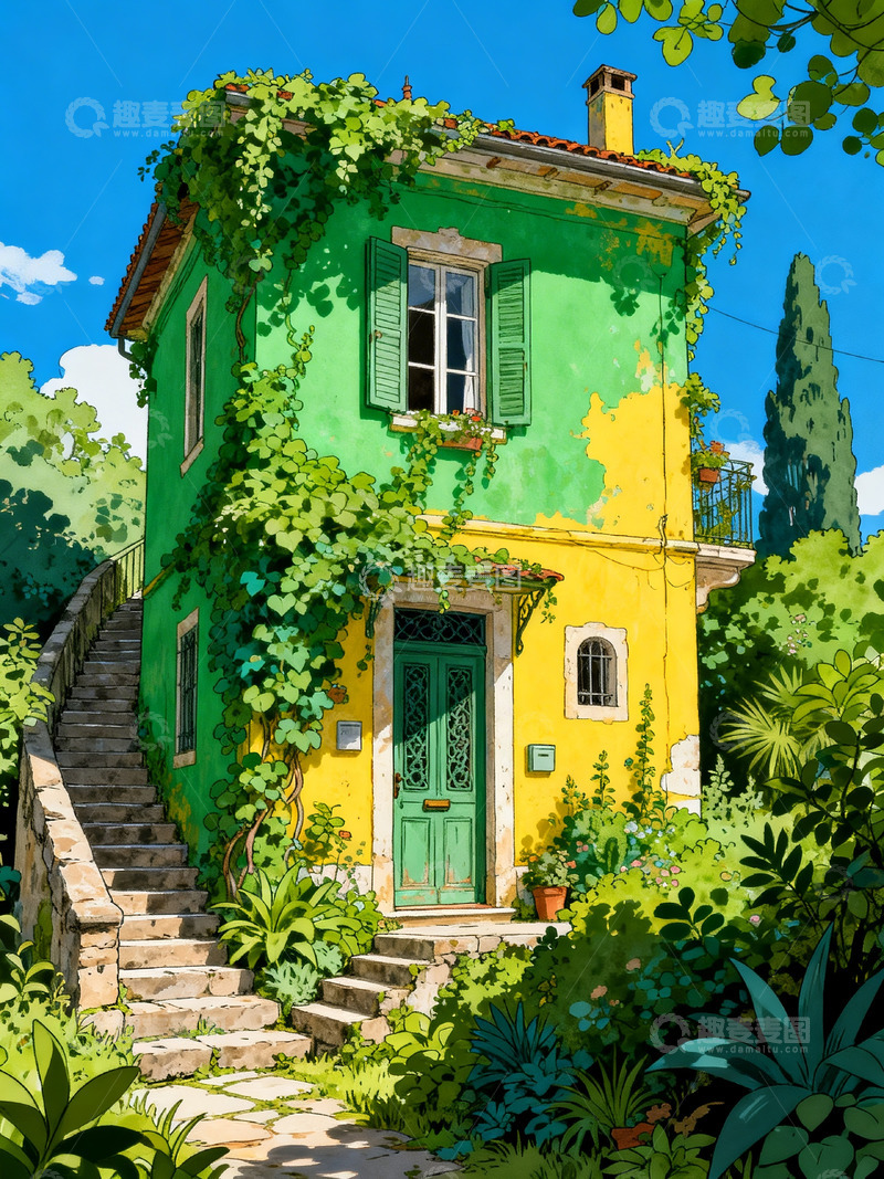 高清大图下载【趣麦麦图】蓝绿色房子钢笔画5