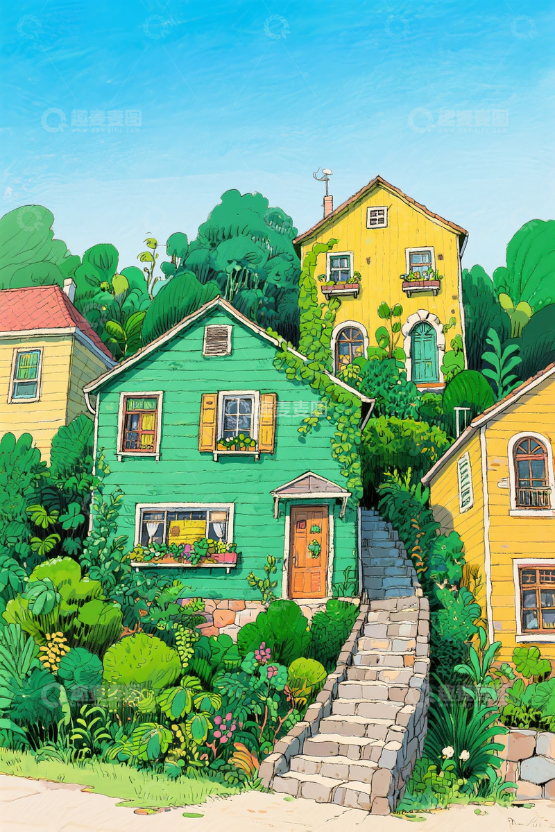 高清大图下载【趣麦麦图】蓝绿色房子钢笔画