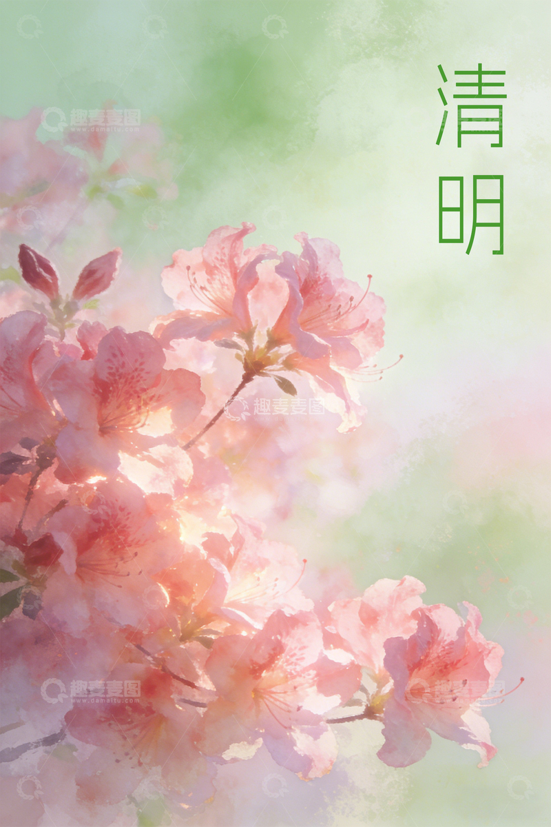 源文件下载【趣麦麦图】水彩桃花清明节日插画