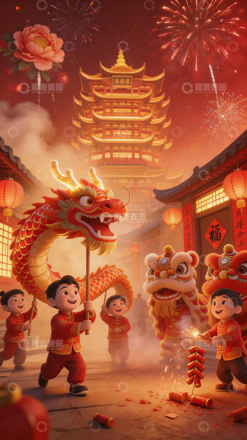 高清大图下载【趣麦麦图】喜庆新年舞龙舞狮场景插画