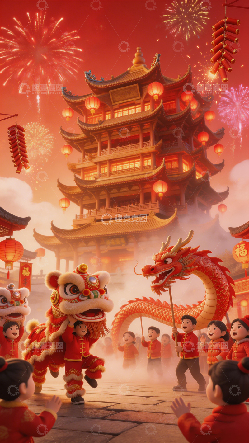 高清大图下载【趣麦麦图】-春节庆典中国风建筑舞龙舞狮场景