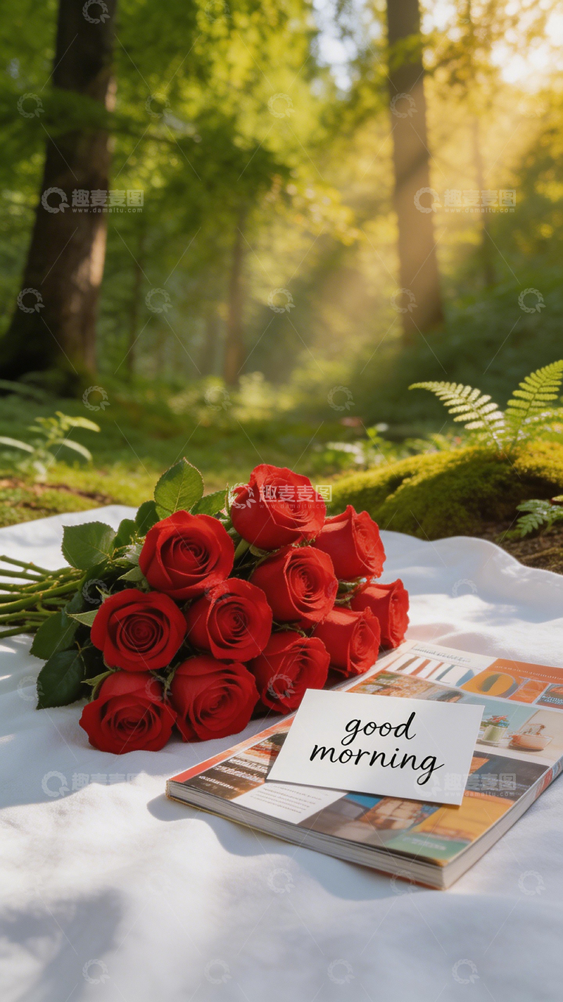 高清大图下载【趣麦麦图】森林早晨玫瑰祝福