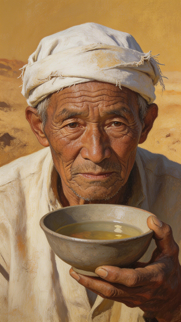 沙漠老人持碗油画肖像