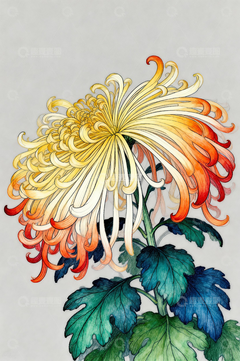 高清大图下载【趣麦麦图】菊花工笔水彩插画2