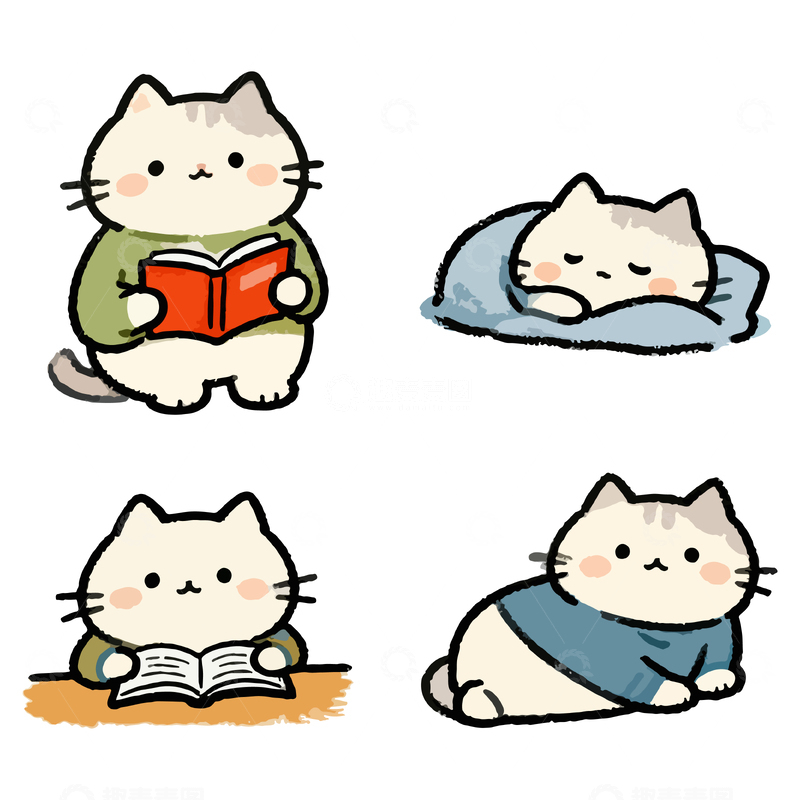 源文件下载【趣麦麦图】卡通猫咪生活场景插画