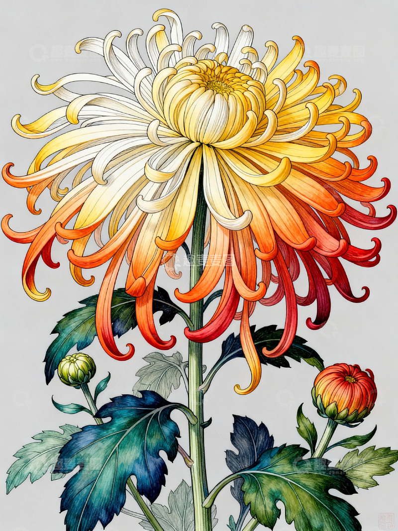 高清大图下载【趣麦麦图】菊花工笔水彩插画3