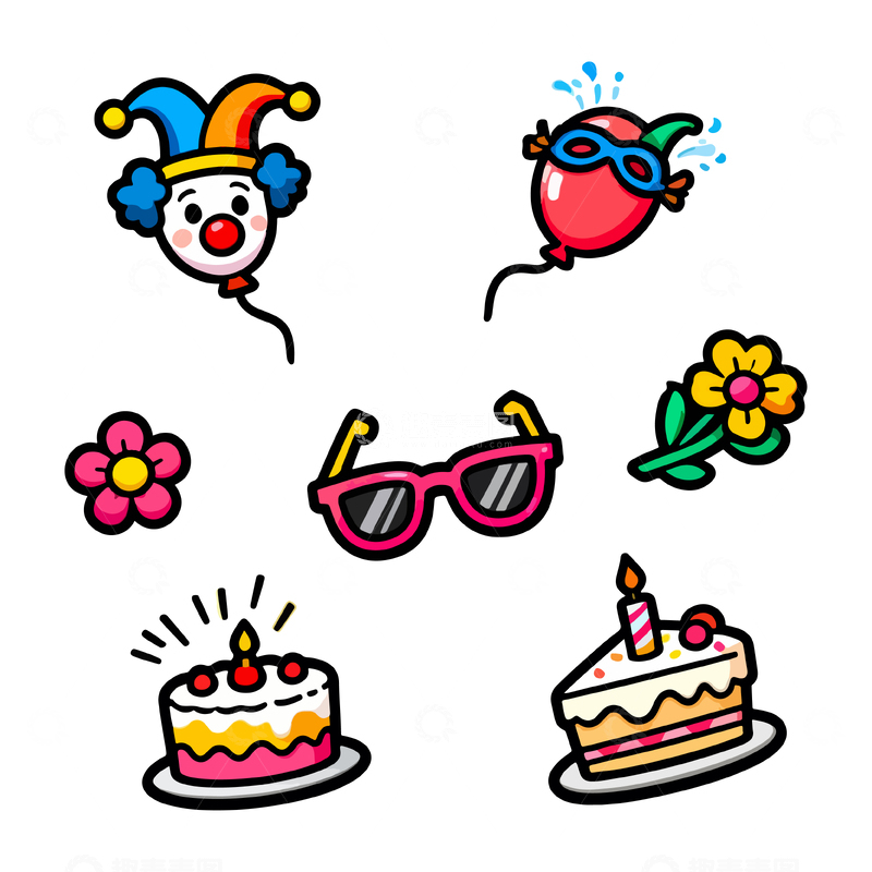 源文件下载【趣麦麦图】卡通生日派对元素贴纸矢量图