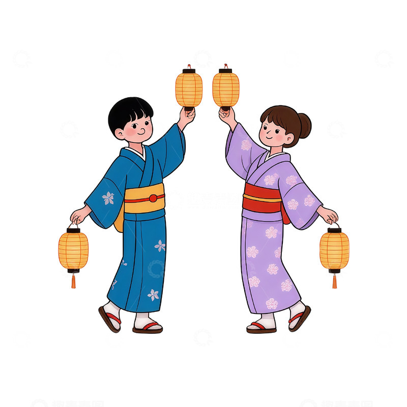 高清大图下载【趣麦麦图】-日式节日和服灯笼插画