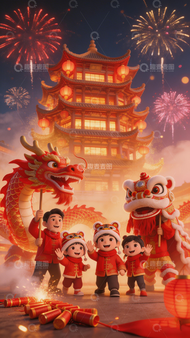 高清大图下载【趣麦麦图】喜庆中国年龙狮烟花图