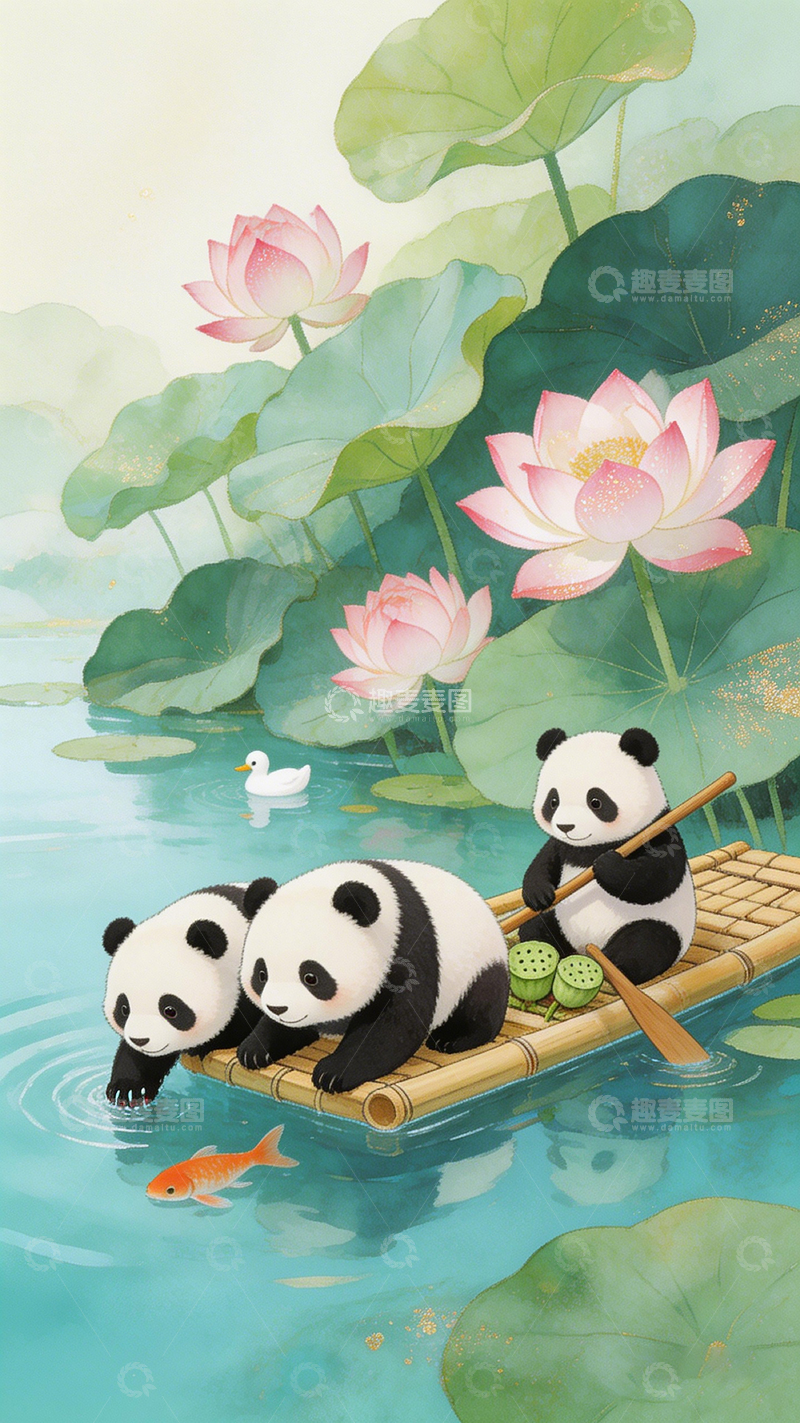 高清大图下载【趣麦麦图】熊猫荷花池塘插画