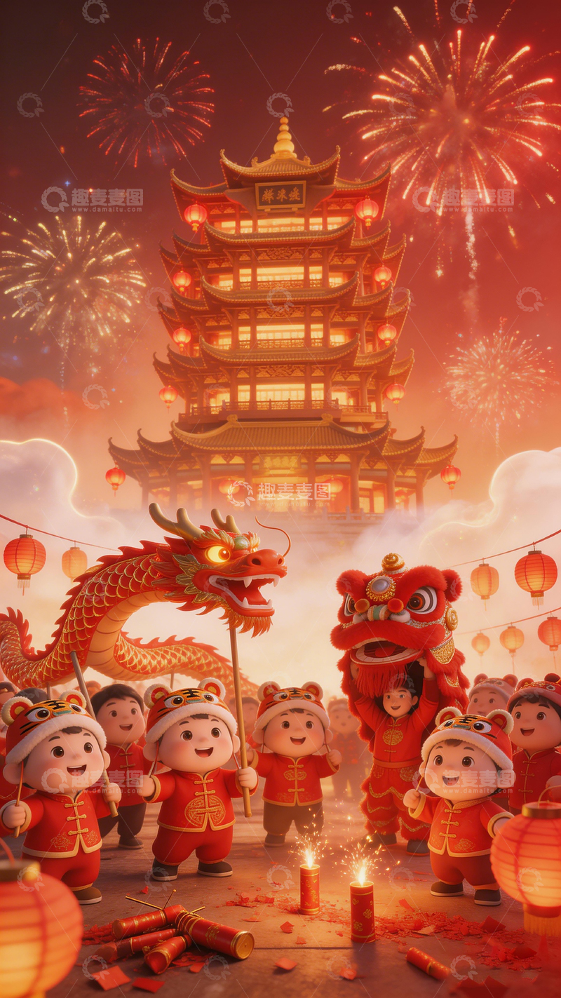 高清大图下载【趣麦麦图】春节欢庆宝塔烟花卡通场景
