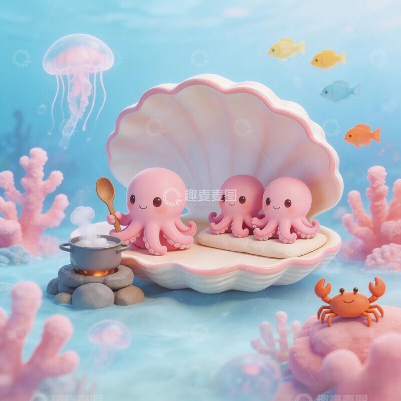 高清大图下载【趣麦麦图】海底贝壳小章鱼做饭