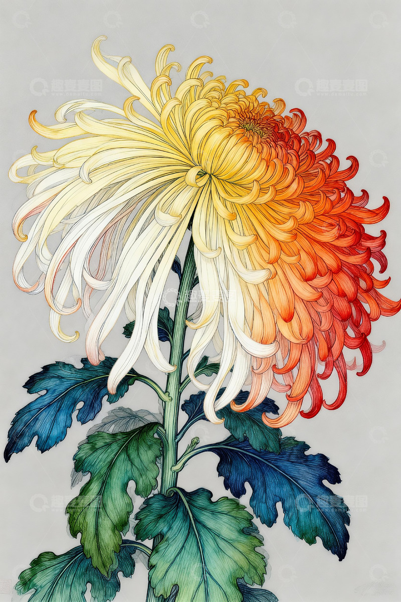 高清大图下载【趣麦麦图】菊花工笔水彩插画5