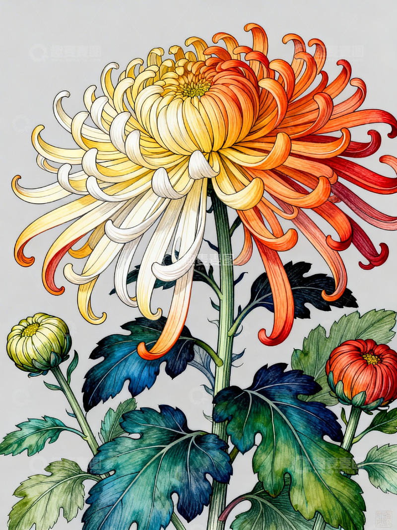 高清大图下载【趣麦麦图】菊花工笔水彩插画