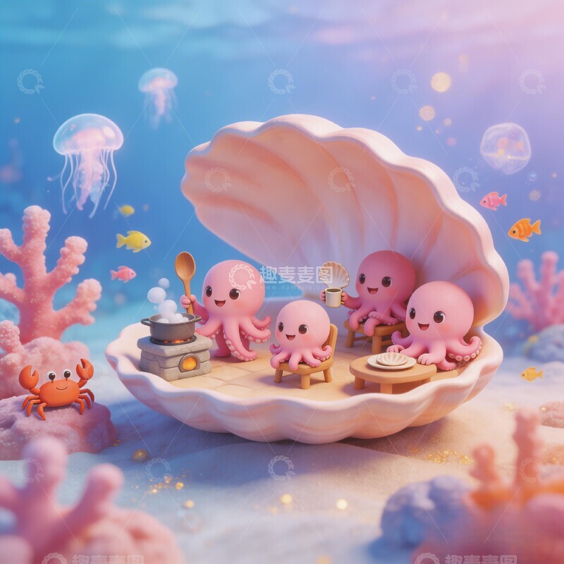 高清大图下载【趣麦麦图】海底贝壳小屋卡通章鱼烹饪场景