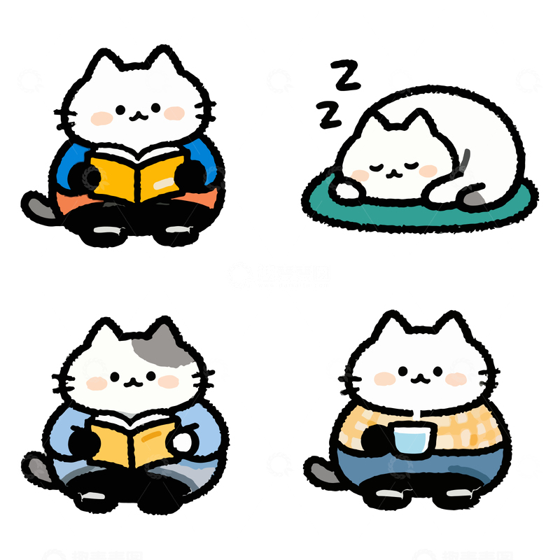 源文件下载【趣麦麦图】卡通猫咪读书休息插画