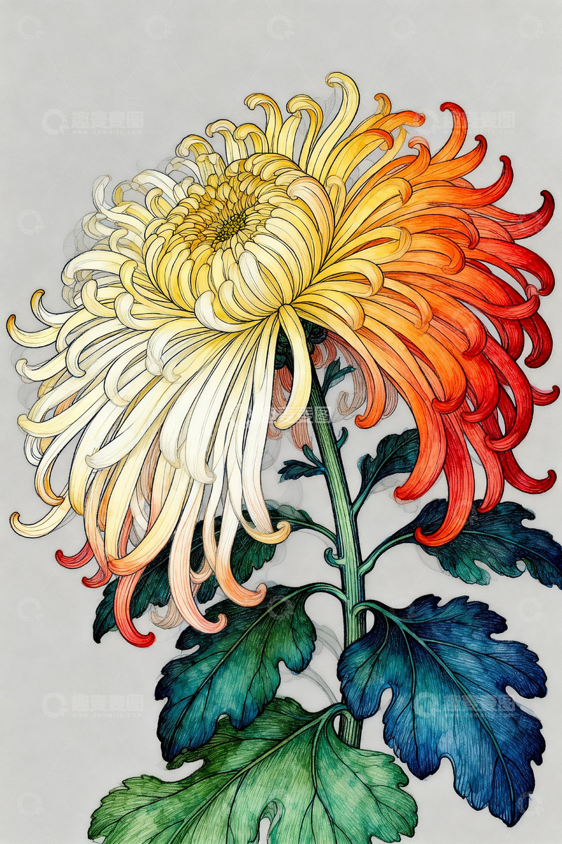 高清大图下载【趣麦麦图】菊花工笔水彩插画4