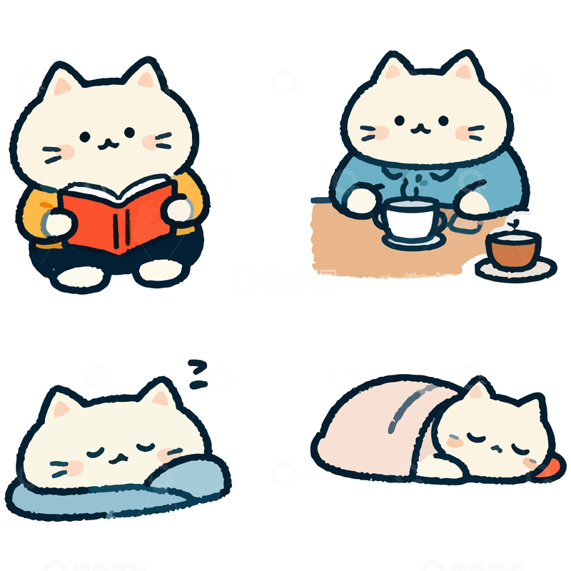 源文件下载【趣麦麦图】可爱卡通猫咪生活插画