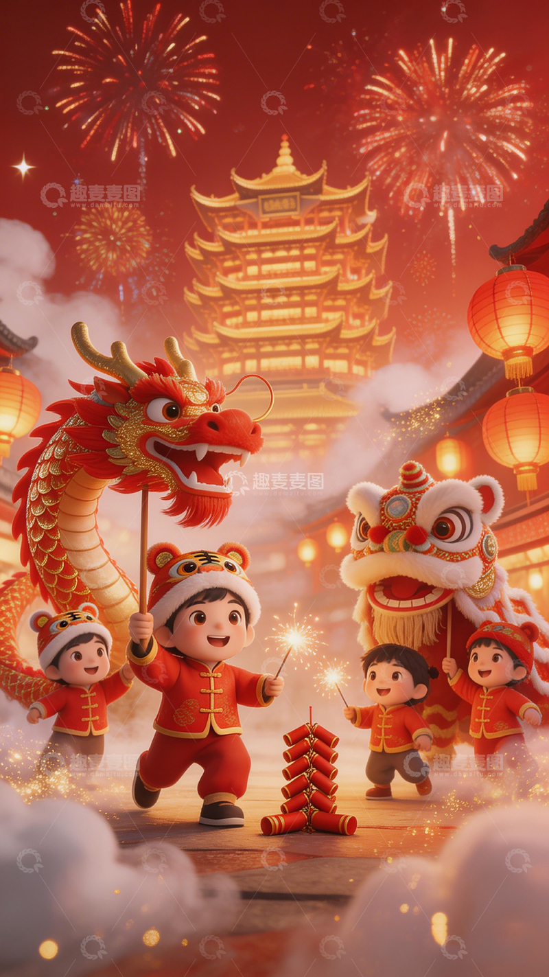 高清大图下载【趣麦麦图】新年庆典卡通插画