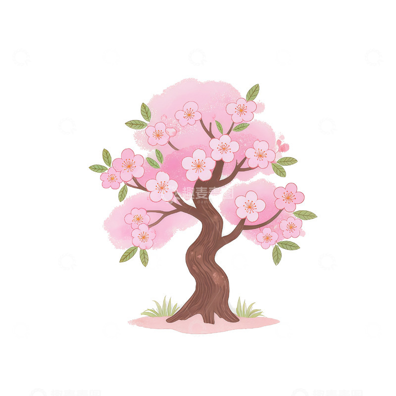 高清大图下载【趣麦麦图】樱花树卡通插画