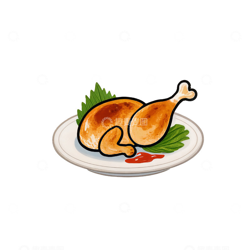 高清大图下载【趣麦麦图】手绘烤鸡腿美食插画素材