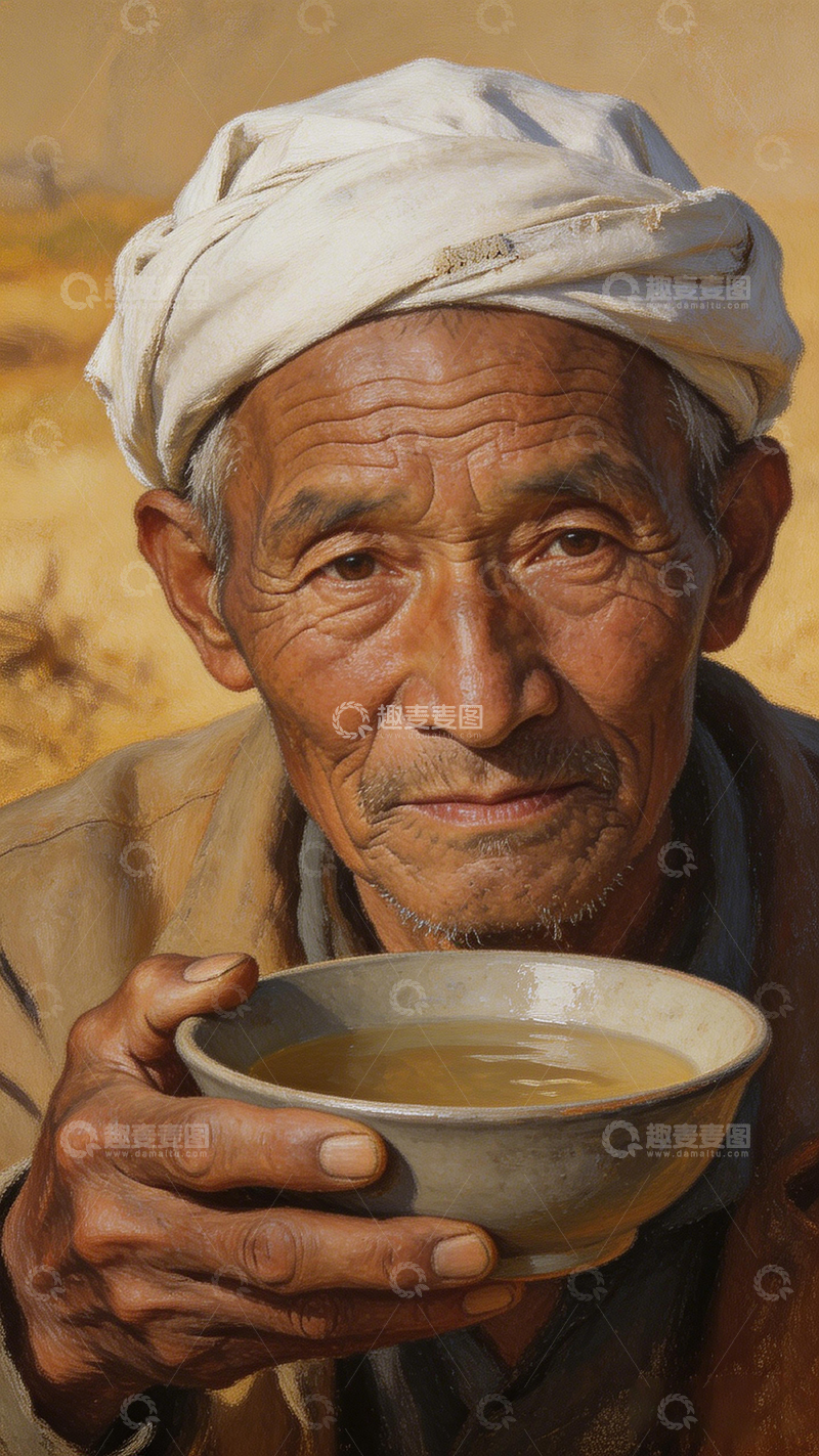 高清大图下载【趣麦麦图】写实风老人持碗油画