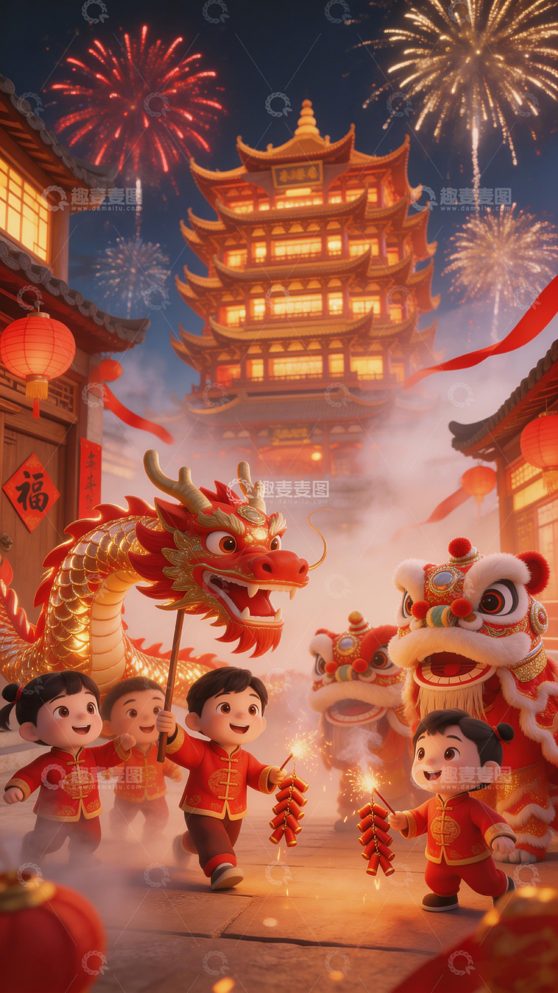 高清大图下载【趣麦麦图】欢乐春节舞龙舞狮场景插画