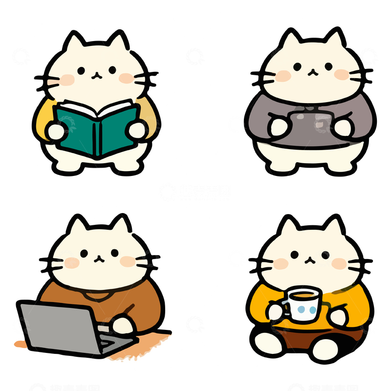 源文件下载【趣麦麦图】卡通猫咪日常活动插画设计素材