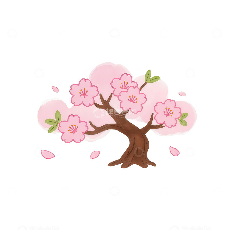 高清大图下载【趣麦麦图】樱花树卡通插画
