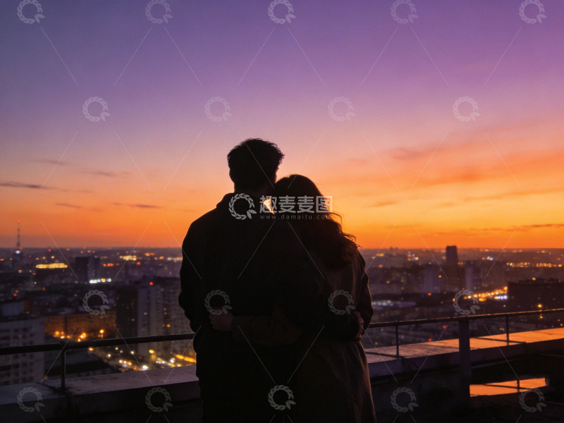 高清大图下载【趣麦麦图】黄昏城市情侣剪影浪漫摄影