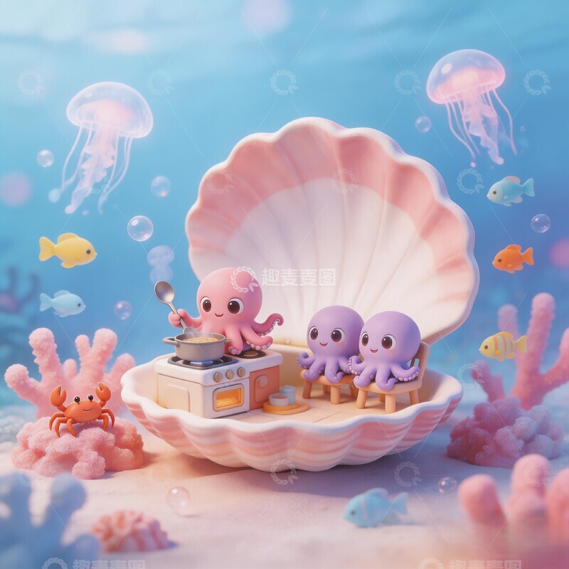 高清大图下载【趣麦麦图】海底贝壳屋卡通插画