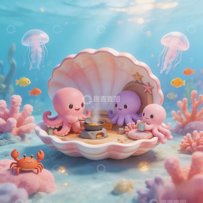 高清大图下载【趣麦麦图】海底贝壳小餐会卡通插画