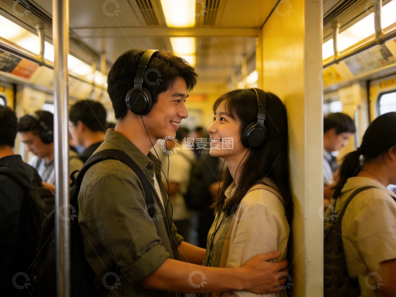 高清大图下载【趣麦麦图】地铁车厢年轻情侣听音乐