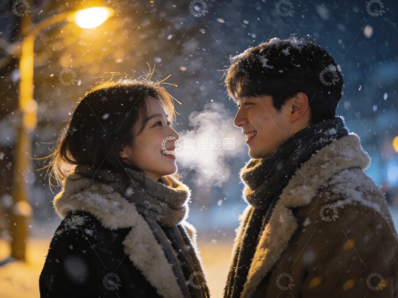 高清大图下载【趣麦麦图】冬日雪夜情侣温馨浪漫场景