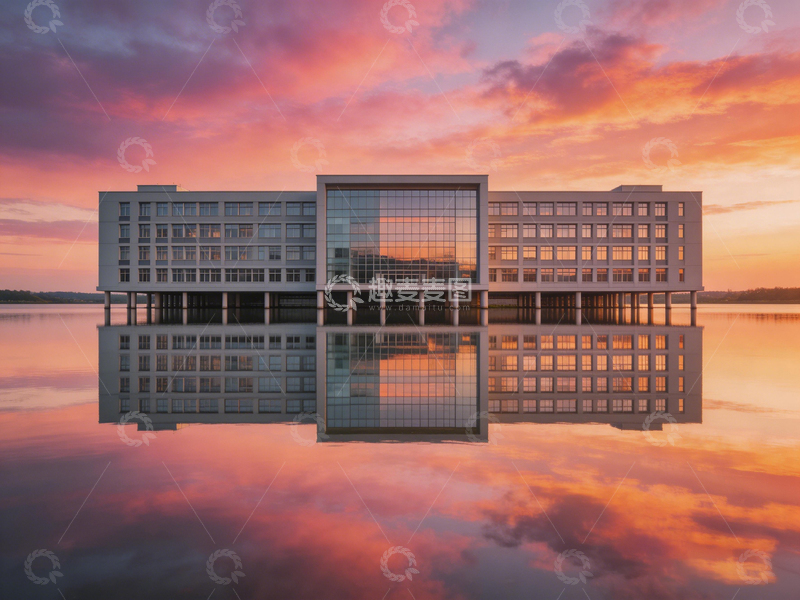 高清大图下载【趣麦麦图】湖畔现代建筑夕照风光