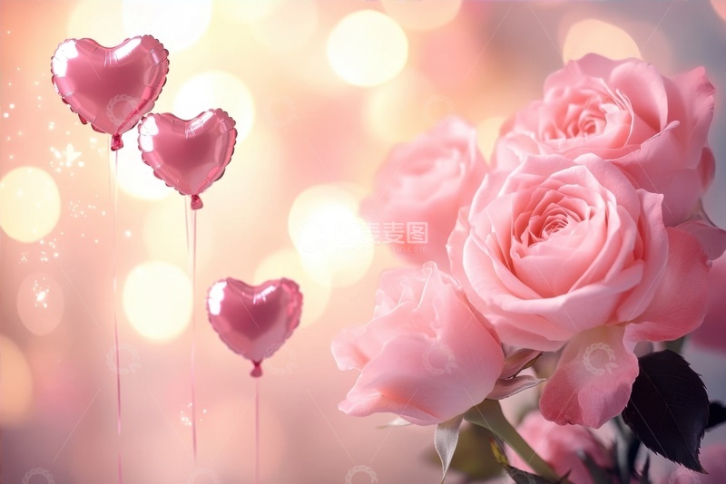 高清大图下载【趣麦麦图】情人节粉色的玫瑰花和心形气球