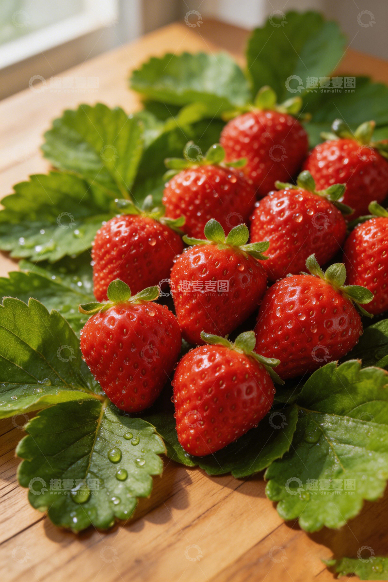 高清大图下载【趣麦麦图】新鲜草莓绿叶装饰美食摄影