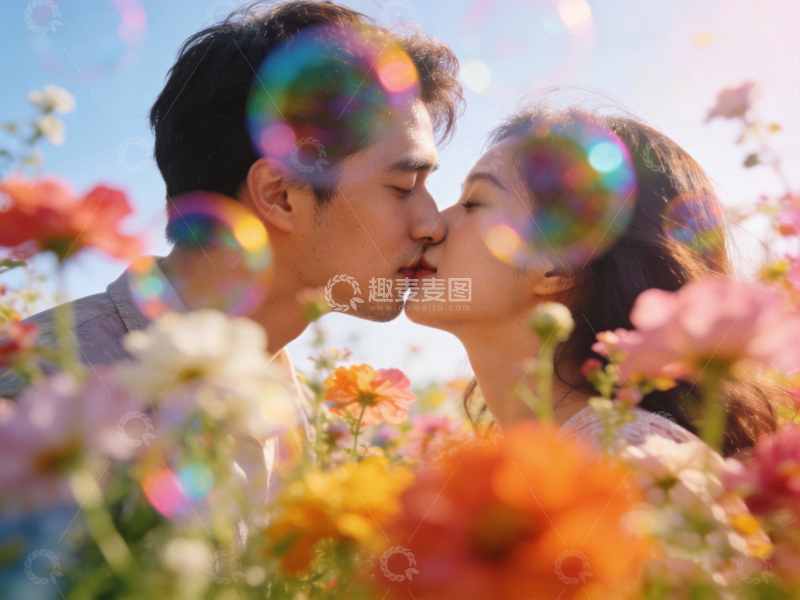 高清大图下载【趣麦麦图】浪漫花海情侣亲吻摄影