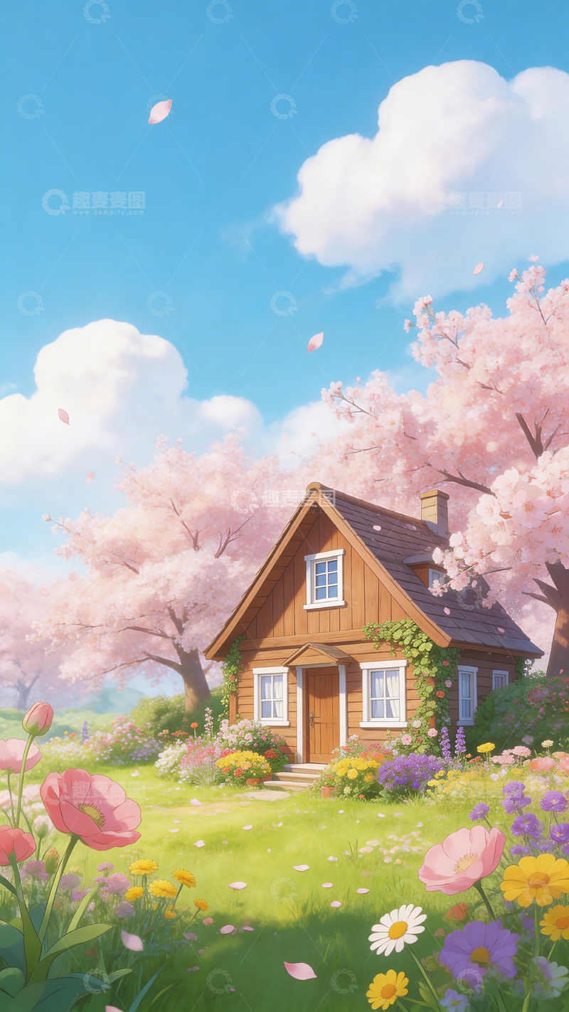 高清大图下载【趣麦麦图】春日木屋风光插画
