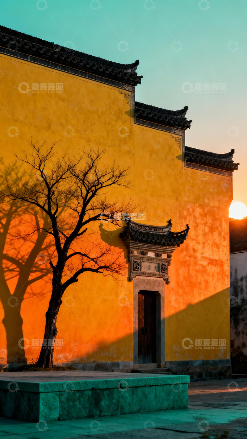 高清大图下载【趣麦麦图】夕阳古墙树影东方韵味