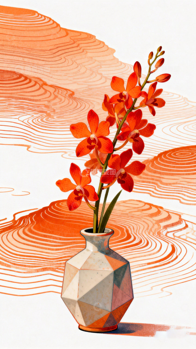 高清大图下载【趣麦麦图】几何花瓶兰花艺术插画